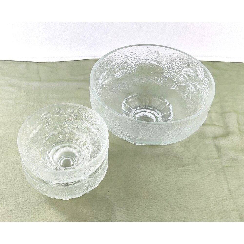 Ponderosa Pine Salad Bowl Set by Tiara 80s/90s 3 Piece Set Clear Glass Pinecones - Picture 2 of 16